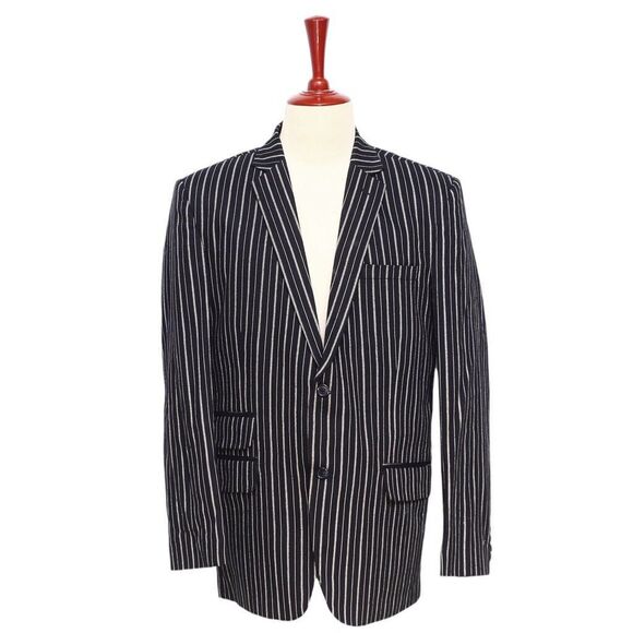 Mens Blazer Black Ivory Striped Lined Formal Party Jacket Wedding